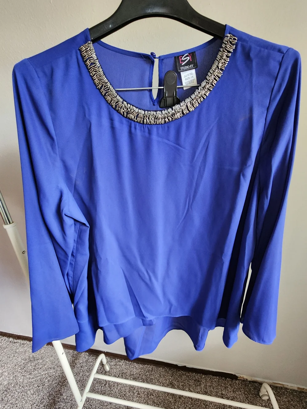 Studio EY Blue Set. Embellished Neck Blouse With Matching Pant.